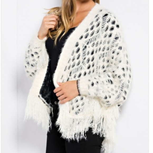 Sweaters - IVORY & BLACK fuzzy knit CARDIGAN